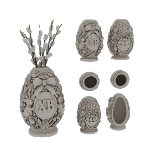 3D model of an ornate Easter egg vase with detailed floral carvings and pussy willow branches inside.