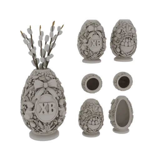 3D-Modell einer verzierten Oster-Ei-Vase mit detaillierten floralen Schnitzereien und Palmkätzchen-Zweigen im Inneren.