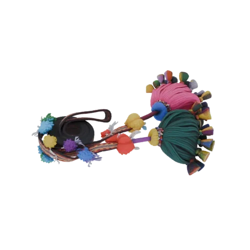 3D model of a colorful tassel hair accessory with multiple pom-poms and woven details, set against a black background.
