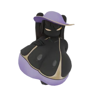 Render 3D di un personaggio scuro stilizzato con cappello da sole viola e bikini, con viso minimalista e proporzioni esagerat