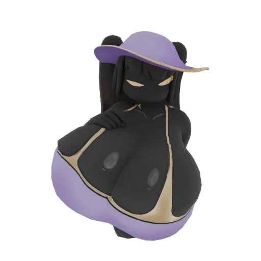 3D render of a stylized dark character wearing a purple sun hat and bikini, with a minimalist face and exaggerated proportion