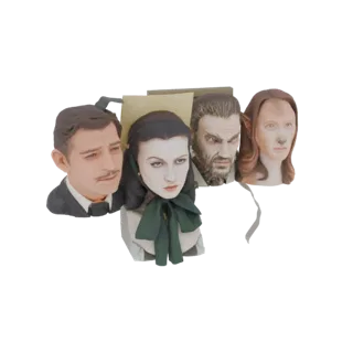 A 3D render of four classic film character busts arranged together: a man with a mustache, a woman with a green scarf, a rugg