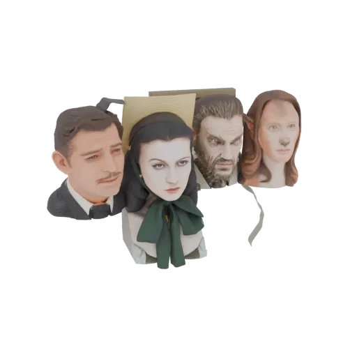 Una renderización 3D de cuatro bustos de personajes de cine clásico dispuestos juntos: un hombre con bigote, una mujer con bu