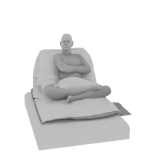 3D-Modell eines kahlen Mannes, der im Schneidersitz auf geschichteten Kissen meditiert, mit verschränkten Armen und ruhigem A