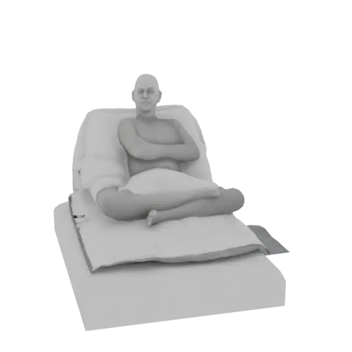 3D-Modell eines kahlen Mannes, der im Schneidersitz auf geschichteten Kissen meditiert, mit verschränkten Armen und ruhigem A