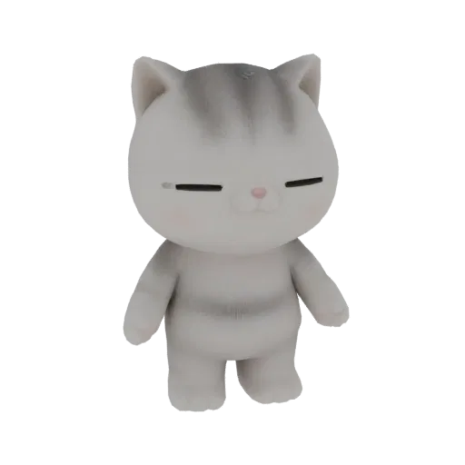 Un rendu 3D d'une figurine de chat stylisée et mignonne, de couleur gris clair avec des rayures tigrées gris foncé, dormant l