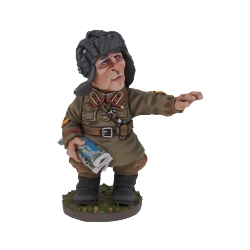 3D model of a stylized Soviet officer in uniform, wearing a fur hat, gesturing with one hand and holding a map in the other.
