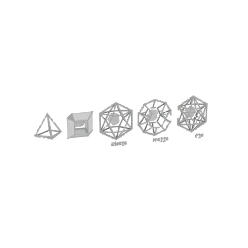 A row of five distinct 3D models of geometric structures, from a simple tetrahedron to complex geodesic forms, displayed agai