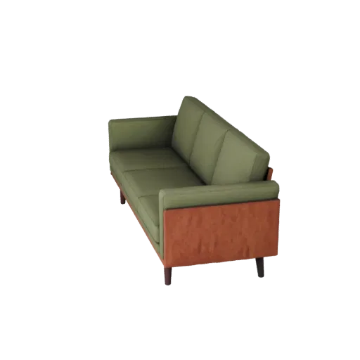 Mid Century Sofa 3D model, living room, three-quarter front view, Unreal Engine viewport, woven fabric detail.