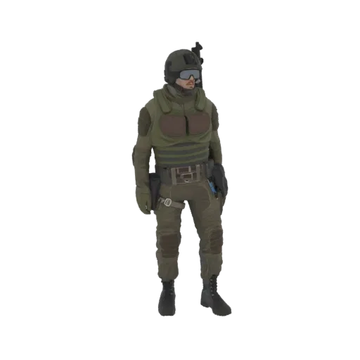 3D model of a tactical soldier wearing a helmet, tactical vest, and combat gear, standing in a neutral pose.