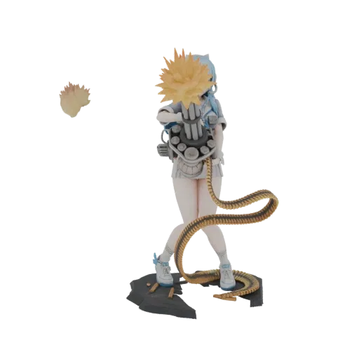 3D model of an anime girl with blue hair holding a large gatling gun, with an ammo belt and muzzle flash effect.