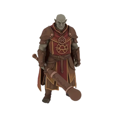 Modelo 3D de un Señor de Guerra Orco de piel gris con armadura ornamentada roja y marrón y una gran maza de madera.