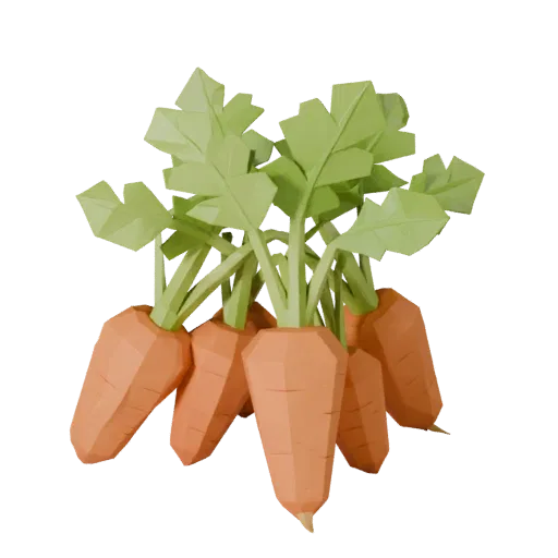 Modello 3D Low Poly Mazzo di Carote Tritate, vista tre quarti del viewport di gioco, che mostra le venature delle foglie, det