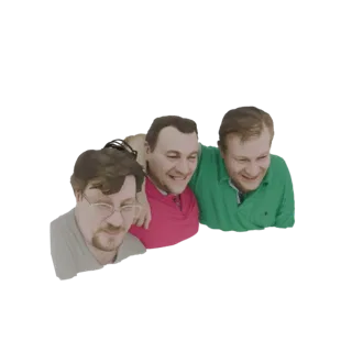 Modelo 3D de três amigos num abraço próximo e caloroso, com sorrisos e braços à volta.