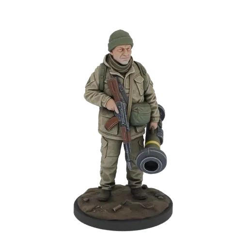 3D model of a modern soldier holding an AK-style rifle and a rocket launcher, standing on a textured base.