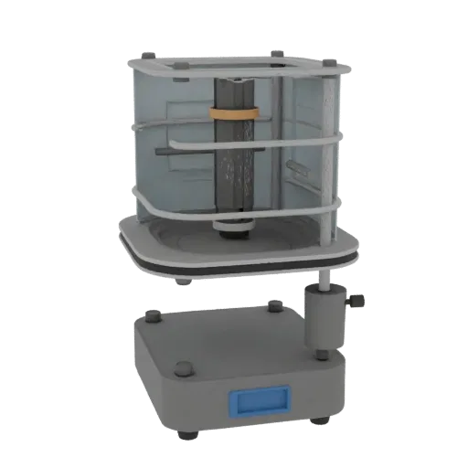 Research Lab Burner 3D model, three-quarter front view, AR viewer studio render, showing glass, recognizable lab forms.