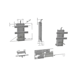 3D-Modell einer industriellen Metallstützstruktur mit mehreren Trägern und Versteifungselementen, präsentiert auf weißem Hint