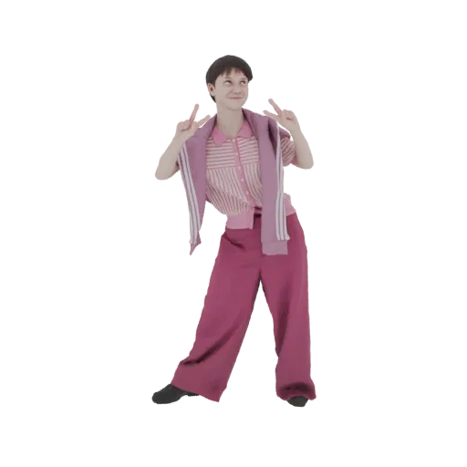 3D model of a young woman with short hair wearing a retro pink tracksuit and striking a peace sign pose.