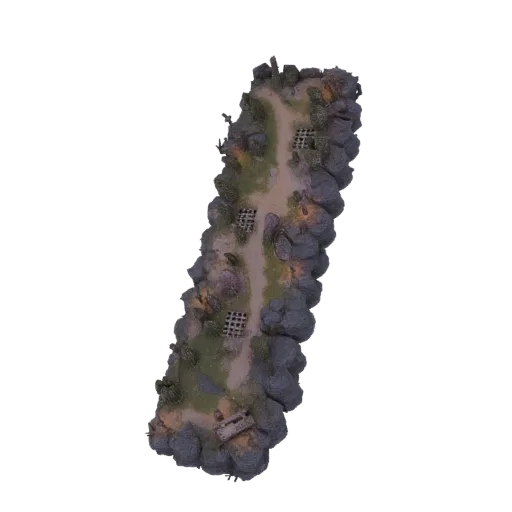 3D model of a winding, rocky path with square grid traps and sparse vegetation, set against a white background.
