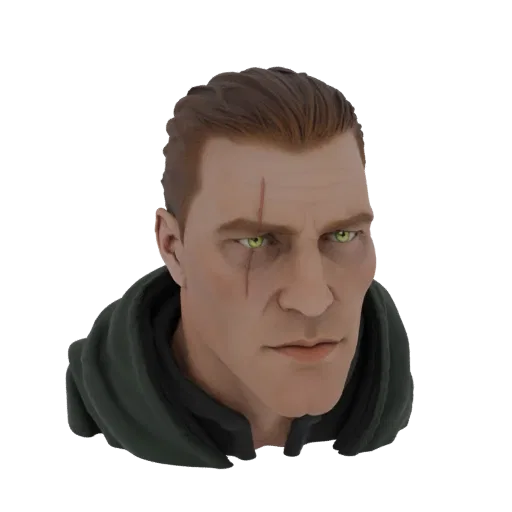 3D model of Geralt of Rivia, a man with short brown hair, green eyes, and a prominent scar across his face, wearing a dark gr