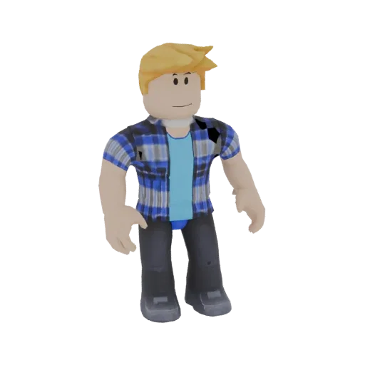 3D model of a young man with blonde hair, wearing a blue plaid shirt, light blue t-shirt, and dark jeans, standing against a