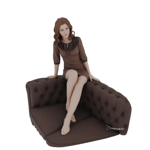 3D-Modell einer eleganten Frau im braunen Kleid auf einem dunkelbraunen getufteten Sofa.