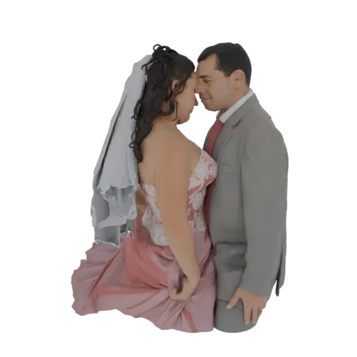 3D model of a bride in a pink gown and a groom in a grey suit embracing romantically.