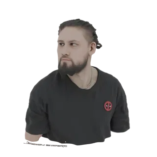 Render del modello 3D di un uomo con capelli intrecciati, barba e maglietta nera con emblema Deadpool.