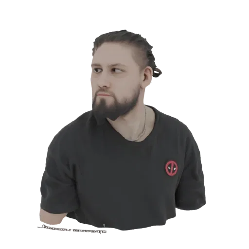 3D model render of a man with braided hair, beard, and a black t-shirt with a Deadpool emblem.