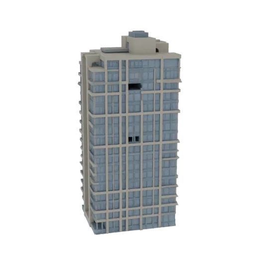 3D model of a modern, beige and gray high-rise residential tower with a symmetrical facade of glass windows, set against a wh