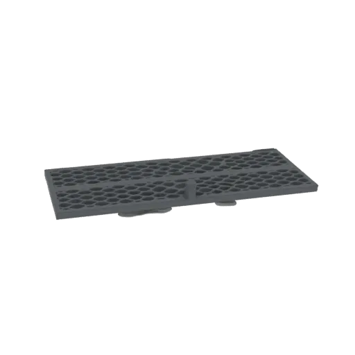 3D model render of a dark grey hexagonal grid tray with a honeycomb pattern and small feet.