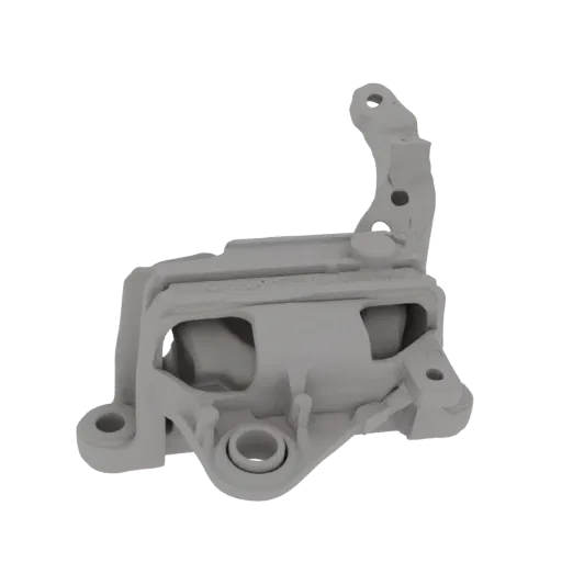 3D model of a gray engine mount bracket with mounting holes and a rubber insert.