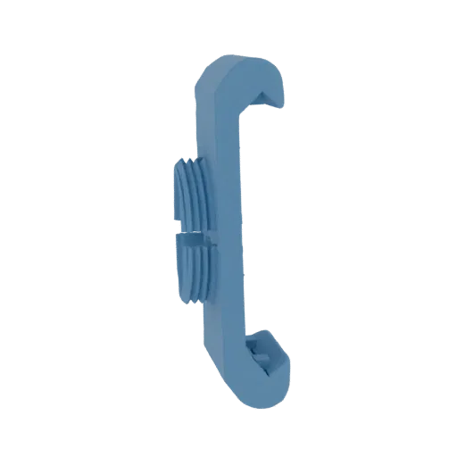 3D model of a light blue adjustable pipe wrench clip with a visible threaded adjustment mechanism.