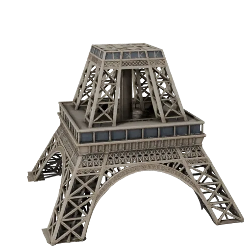 Modello 3D realistico della Torre Eiffel, vista esterna a tre quarti, che mostra i materiali della struttura del monumento e