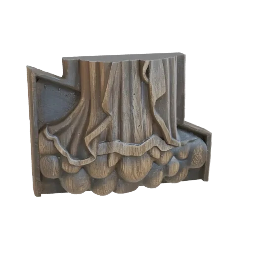 Modèle 3D d'un fragment architectural orné avec une base de nuages stylisés et une draperie fluide, rendu dans une finition b