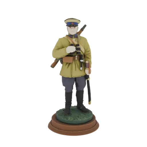 3D model of a World War 1 officer in uniform, holding binoculars and a rifle, standing on a grassy base.