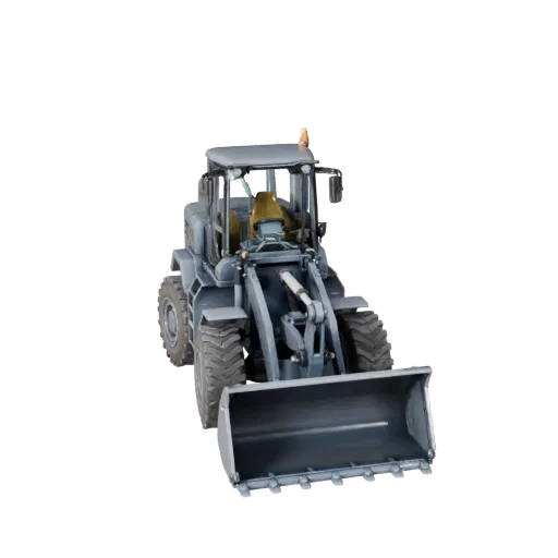 Mining Wheel Loader High Poly 3D model, close-up studio render, showing painted steel, large mechanical silhouettes.
