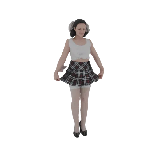 Renderização do modelo 3D de uma jovem usando um top cropped branco e uma saia plissada xadrez vermelha e preta, com as mãos