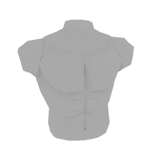A 3D render of a grey, untextured male torso with highly defined abdominal and pectoral muscles, viewed from the back.