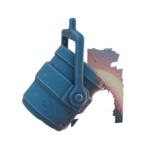 3D model of a blue metal ladle tilted, pouring a stream of glowing molten metal with orange and pink highlights.