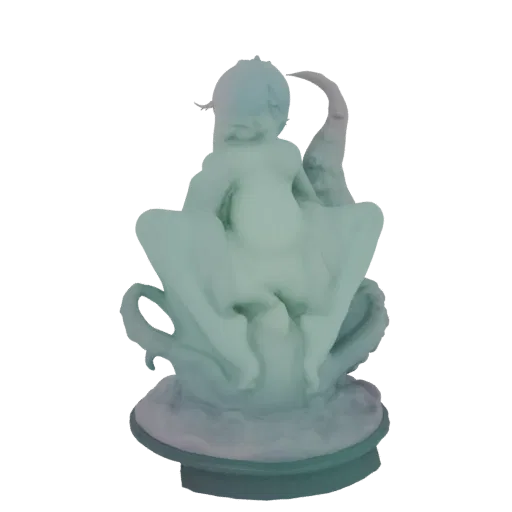 3D model of an ethereal cherub sitting within a blooming lotus flower, rendered with a soft, translucent green and blue gradi