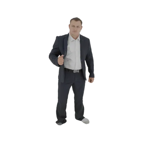 نموذج ثلاثي الأبعاد لرجل يرتدي بدلة داكنة، يقف ويعدل سترته بيد واحدة.