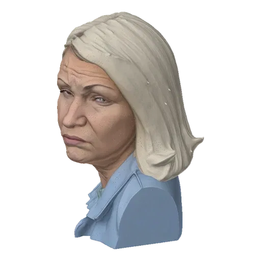 3D model render of an elderly woman's bust with detailed wrinkles and blonde hair, wearing a blue shirt.