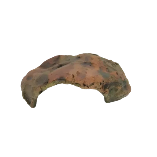 3D model of a weathered, ancient stone fragment with a rough, textured surface and earthy colors.