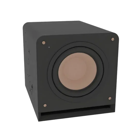 Rendu 3D d'un caisson de basses cube noir avec un cône de haut-parleur beige, vu sous un léger angle.
