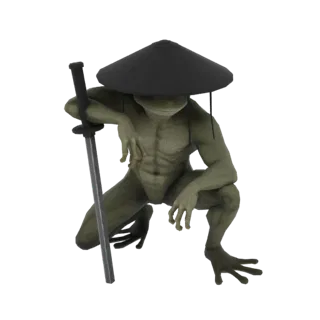 Modelo 3D de un guerrero rana verde en pose de samurái, con sombrero cónico y katana, sobre fondo blanco.