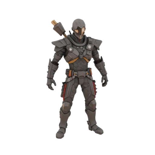 Modelo 3D de Caballero Sci-Fi en pose neutral, mostrando su detallada armadura gris oscuro con acentos naranjas y casco con v