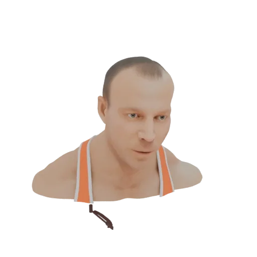3D model render of a bald man wearing an orange tank top, looking down with a neutral expression.