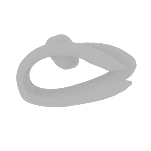 3D render of a smooth, white, abstract sculpture resembling a twisted ribbon with flowing curves against a black background.