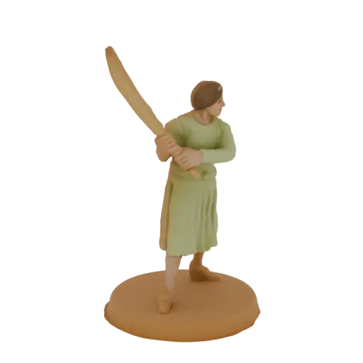 Rendu 3D d'une guerrière antique avec une épée, debout sur une base circulaire, en pose de combat dynamique.